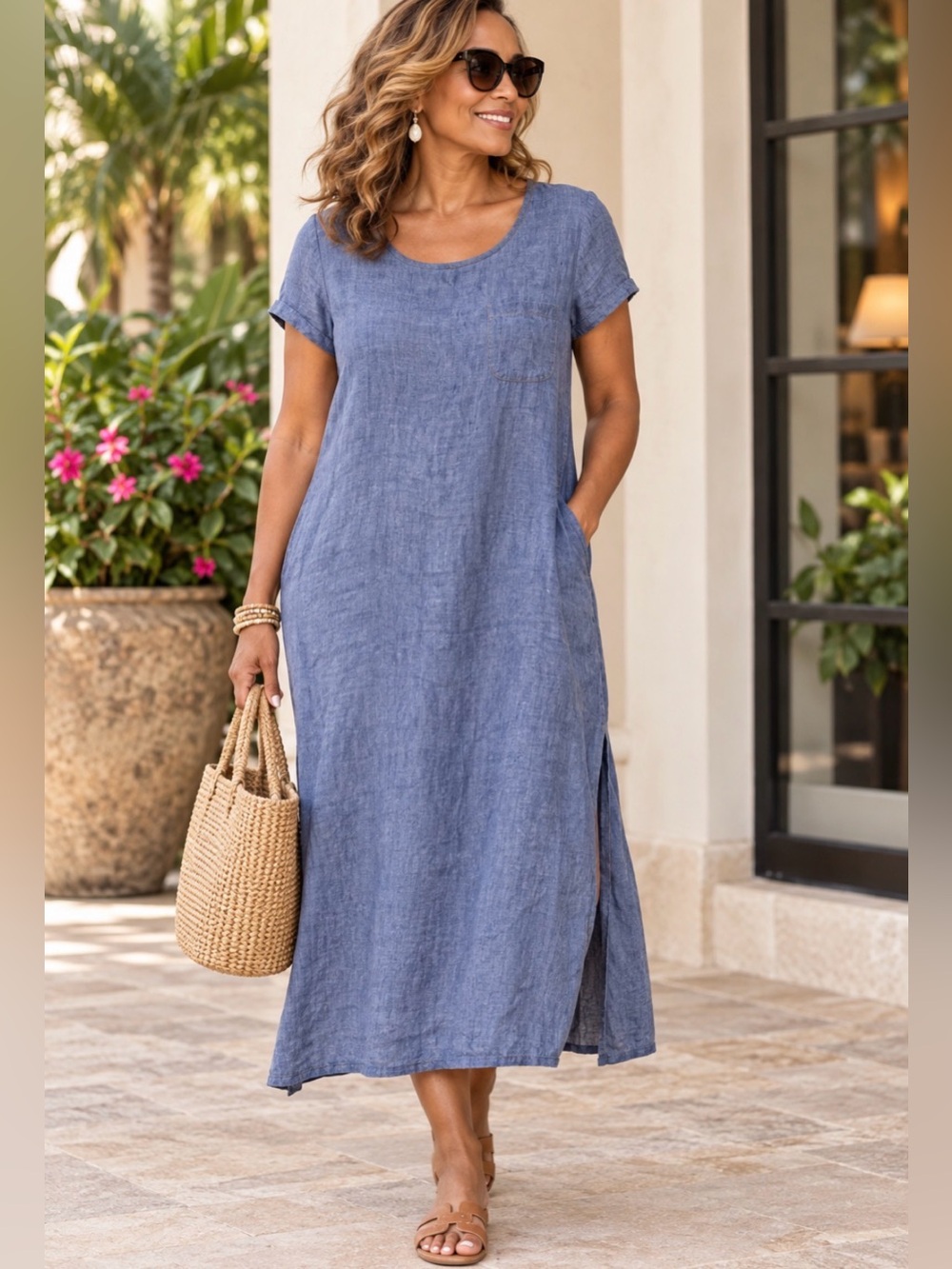 FLAX  Blue Chambray Linen Maxi Dress Size Small Short Sleeve Coastal Boho